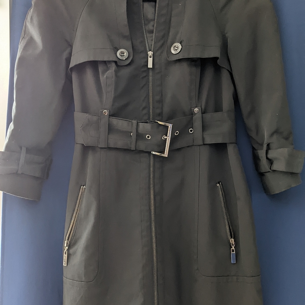 Bebe black belted trench coat size small also worn as a dress full zippe…